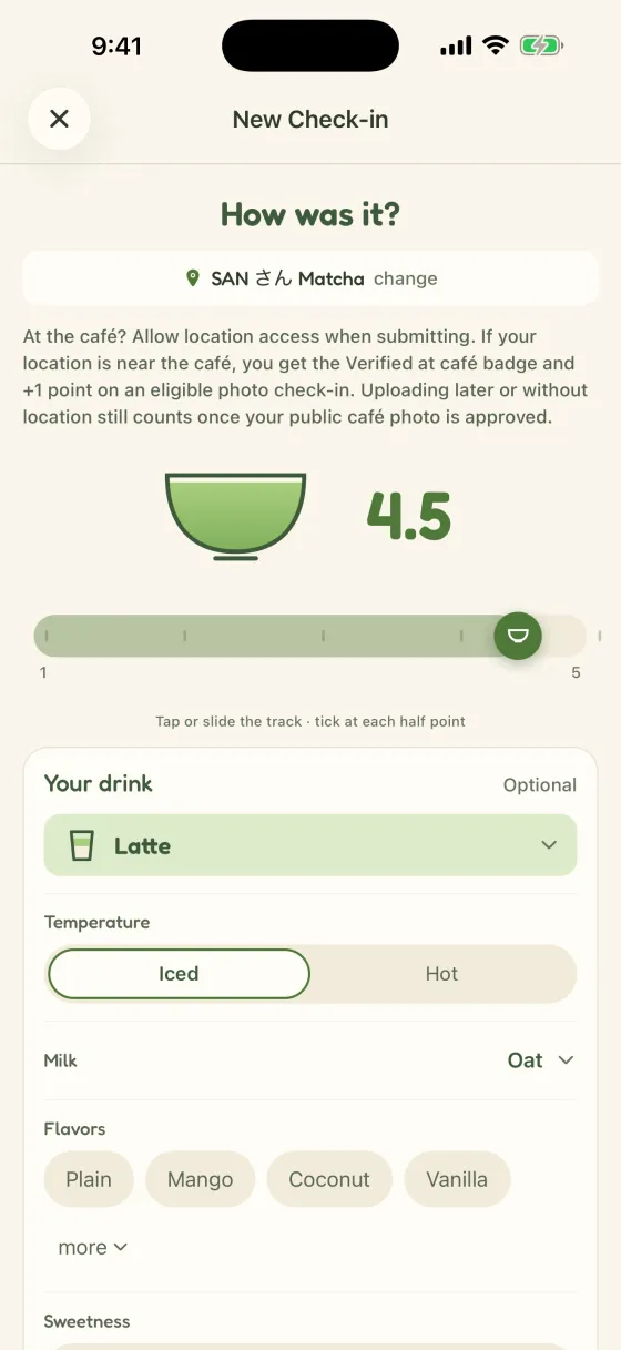 Rating an iced oat matcha latte in Chacha by filling the bowl to 4.5