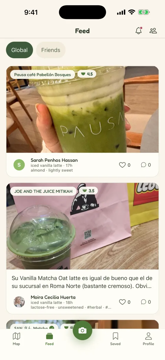 The Chacha community feed with matcha photos, drinks and scores