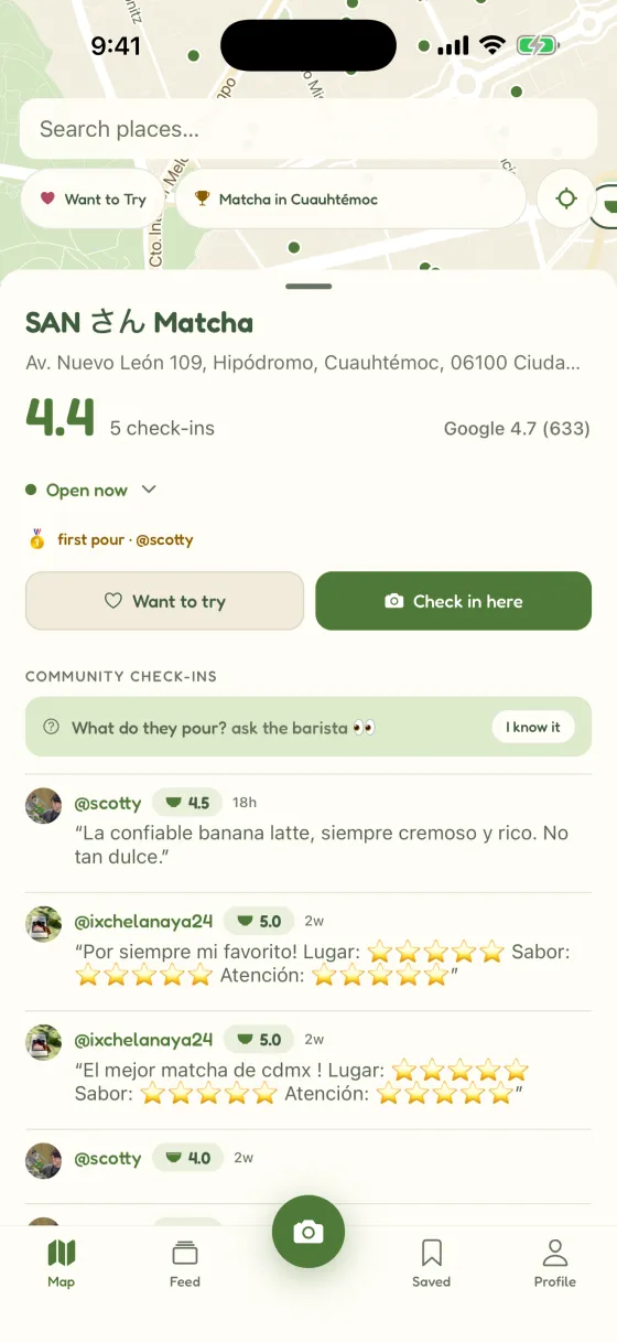 Community check-ins and reviews for a Mexico City matcha café in Chacha