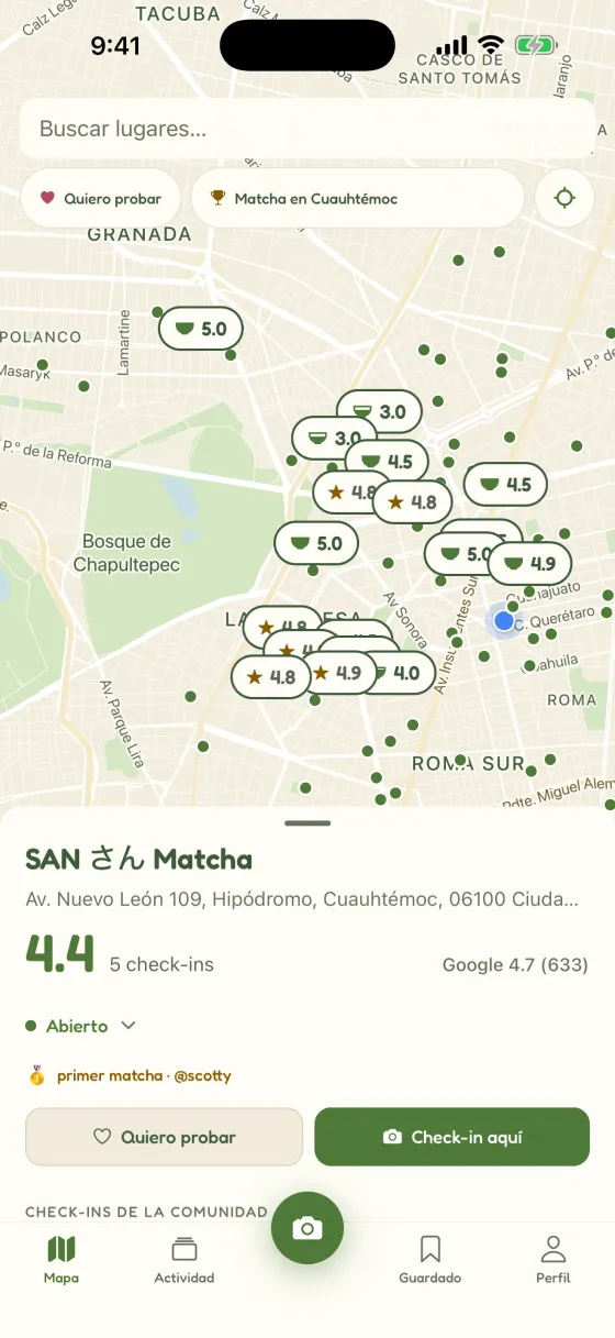 Mapa de Chacha en Ciudad de México con SAN Matcha seleccionado: 4.4 con 5 check-ins de la comunidad