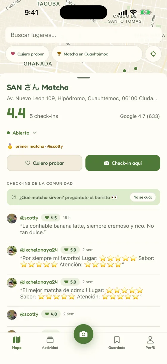 Check-ins y reseñas de la comunidad para un café de matcha en Ciudad de México en Chacha